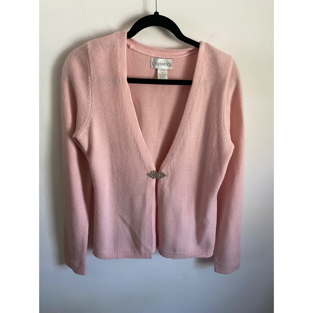 Chadwicks Pink V-Neck Cardigan Sweater Rhinestone Clasp Vintage 08-0868-3 Medium